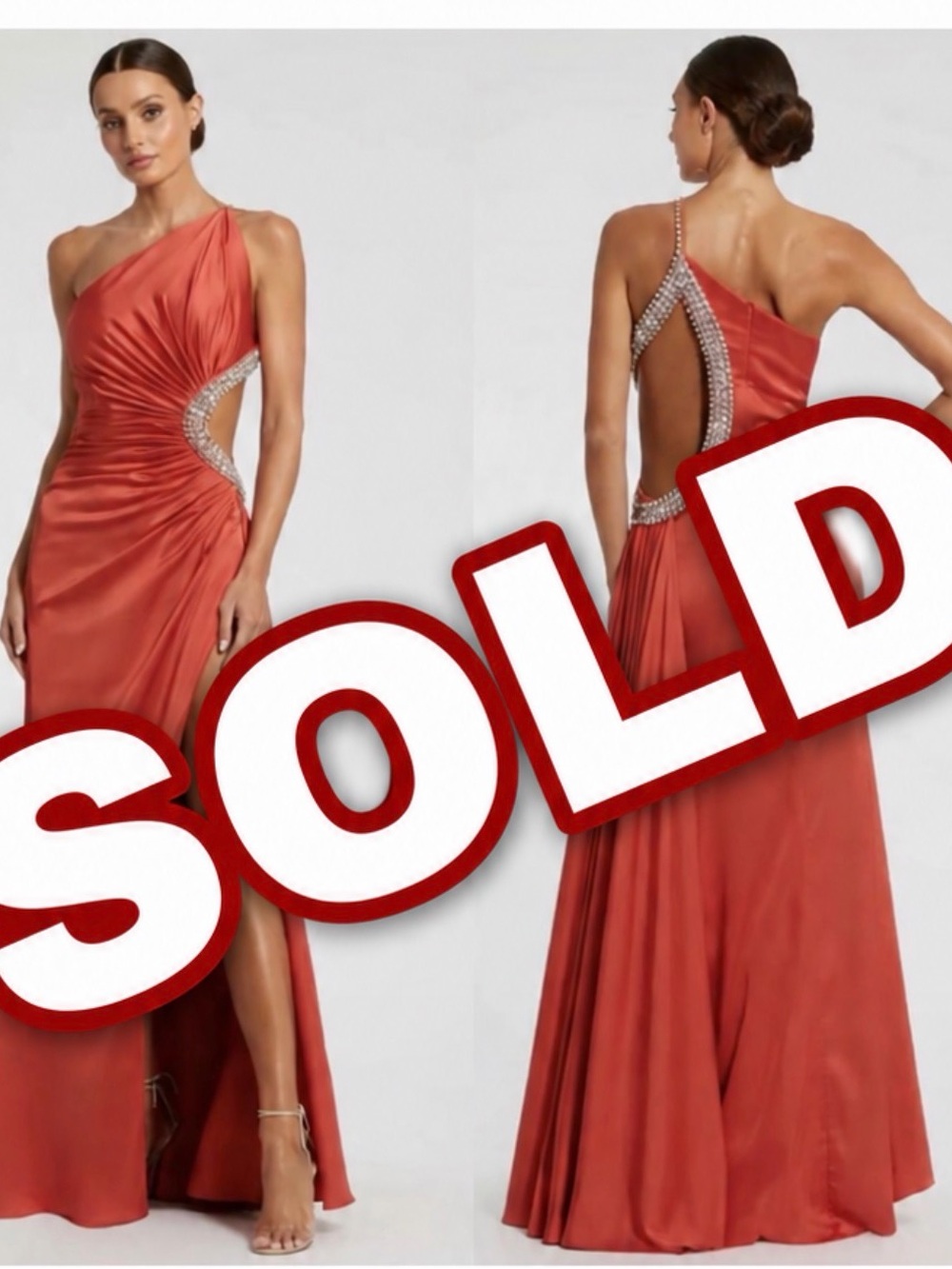 NWT Mac Duggal One-Shoulder Coral-Red Satin Maxi Gown with Jeweled Cutout size 8